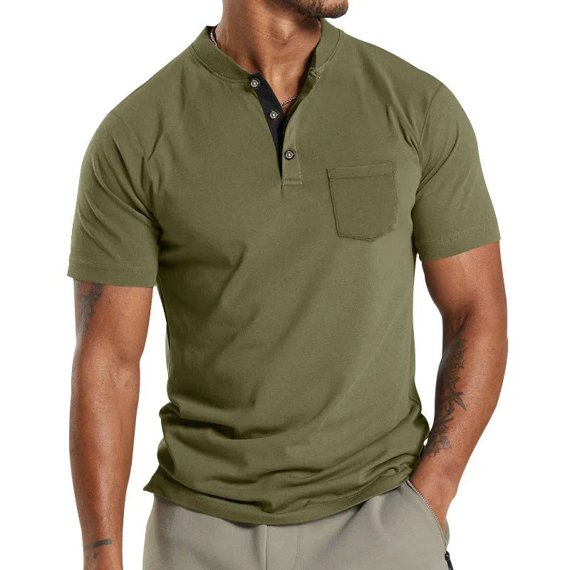 Men's plus size short sleeve button pocket shirt in solid colour polyester fabric.