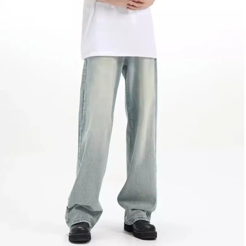 Blue retro loose-fit men's casual trousers made from rabbit fur fabric on a neutral background.
