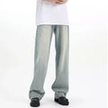 Blue retro loose-fit men's casual trousers made from rabbit fur fabric on a neutral background.