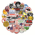Pack of 50 waterproof PVC warning stickers for helmets, featuring various slogans printed in four colours.