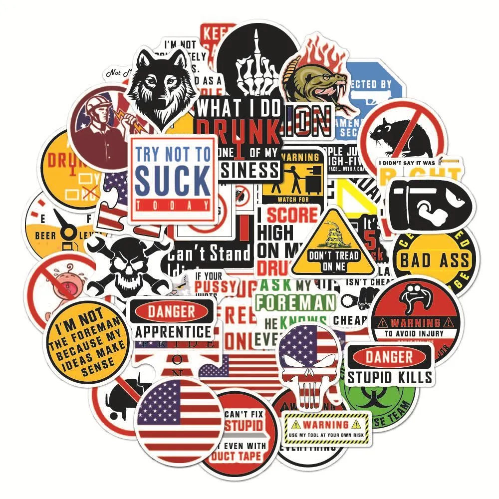 Pack of 50 waterproof PVC warning stickers for helmets, featuring various slogans printed in four colours.