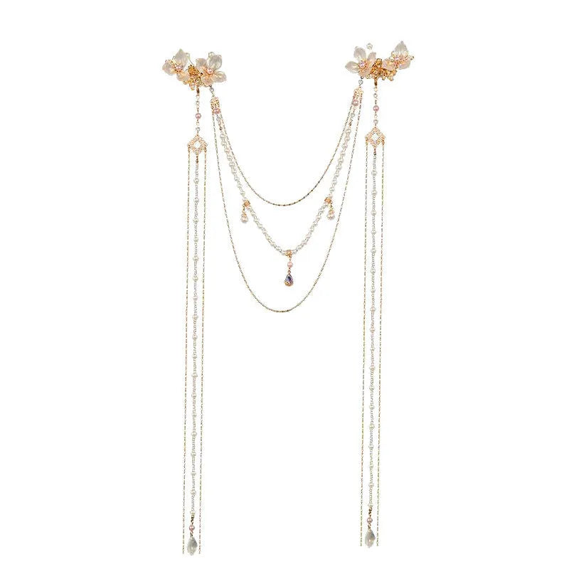 Women's gold hairpin with pearl, diamond flower decoration and long tassel details