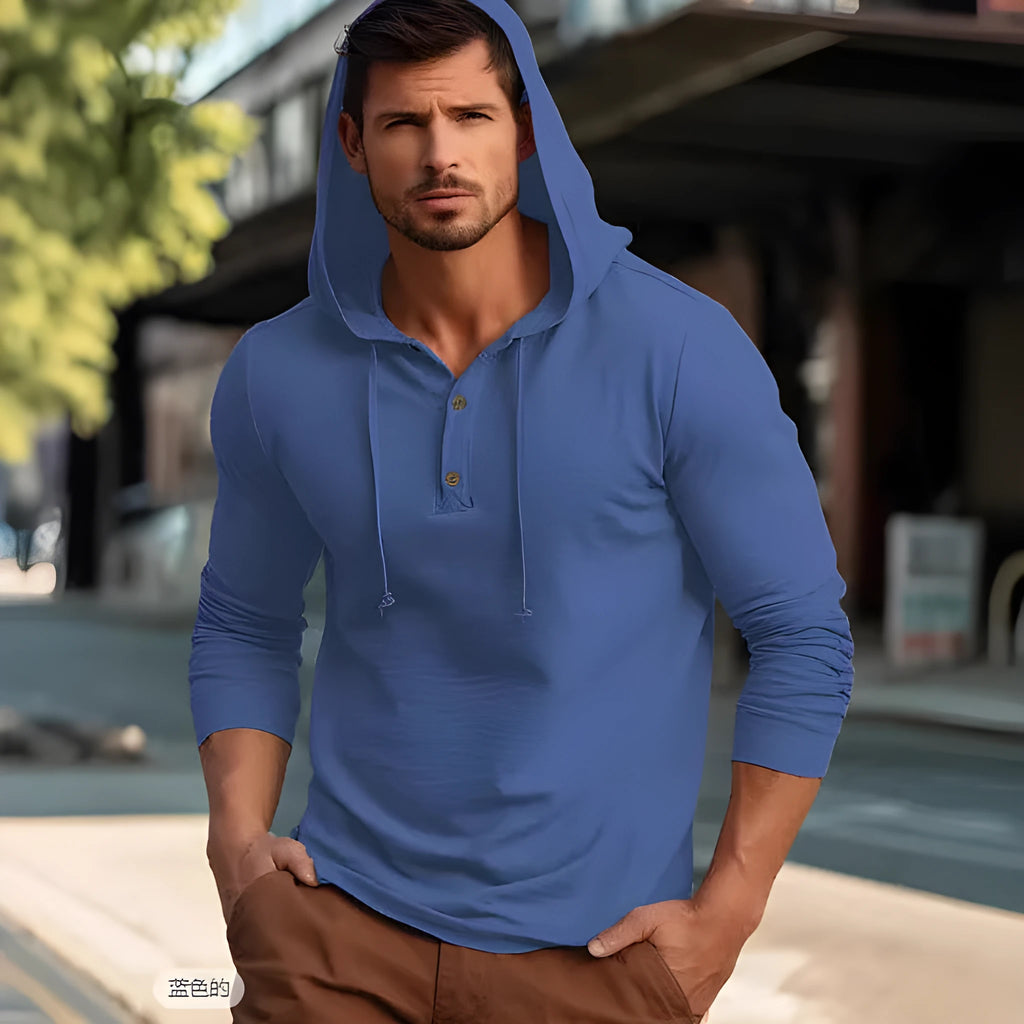 Cotton pullover hoodie in dark blue, apricot, black, blue, white, or light green.
