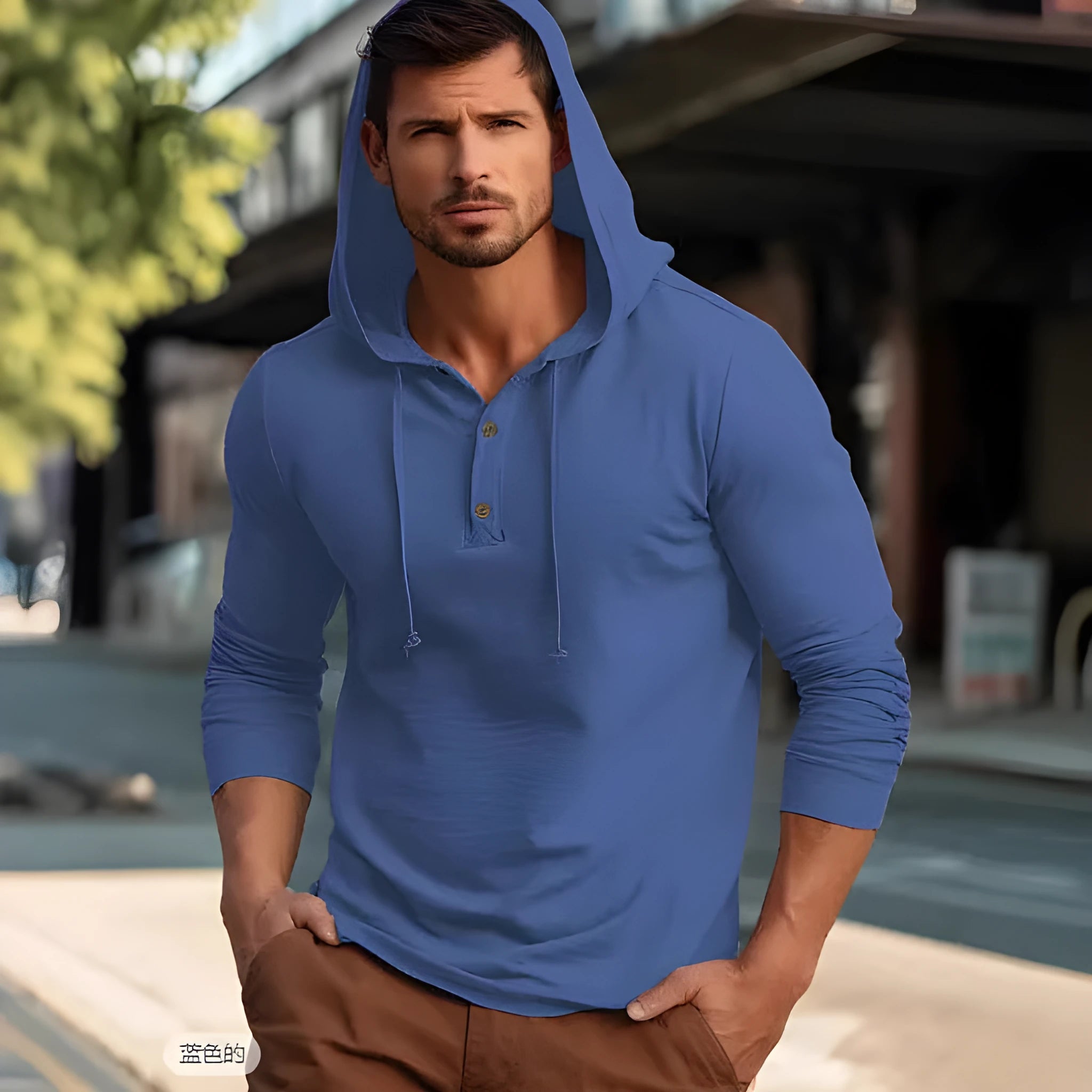 Cotton pullover hoodie in dark blue, apricot, black, blue, white, or light green.