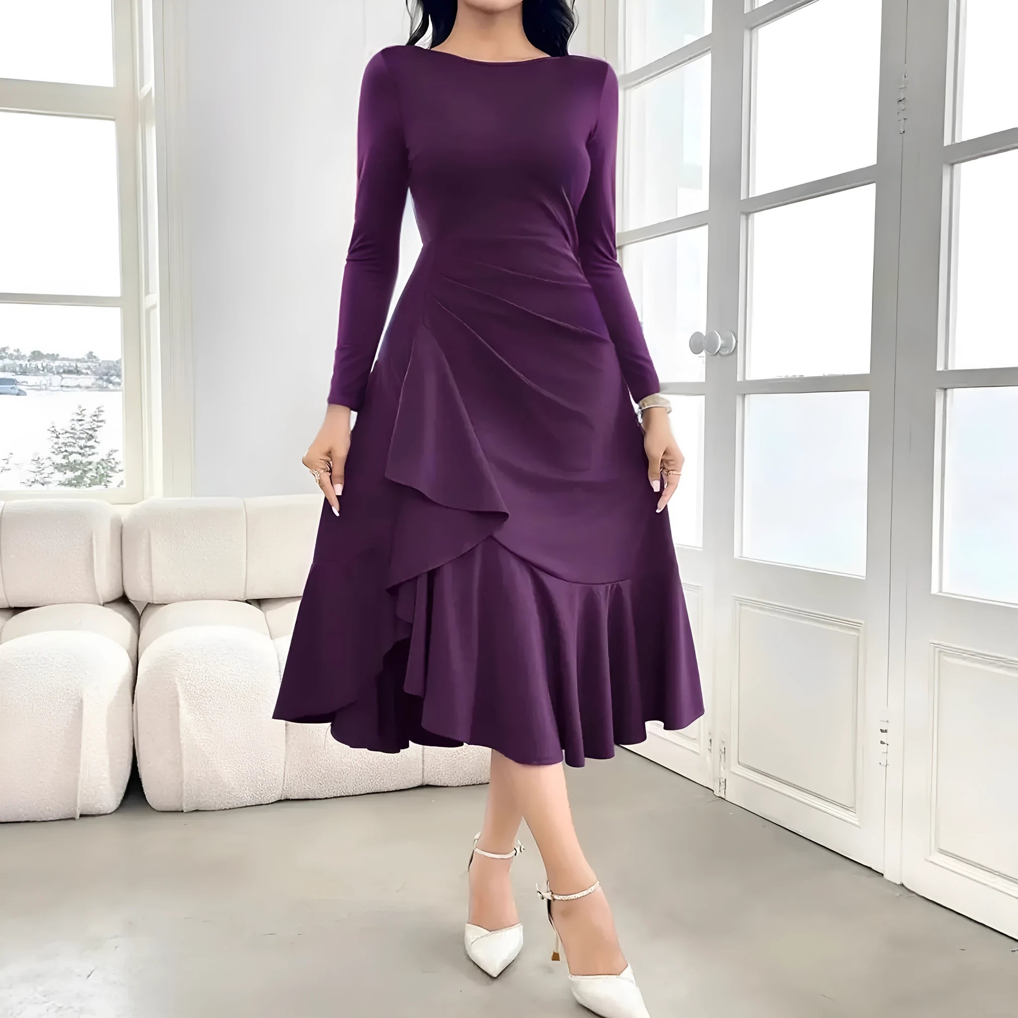 Purple women's long sleeve pullover dress with ruffles and round neck