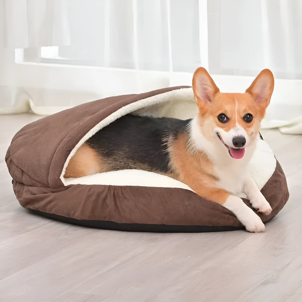 Brown removable cloth dog kennel shown in a small size next to a grey medium size variant.