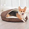 Brown removable cloth dog kennel shown in a small size next to a grey medium size variant.