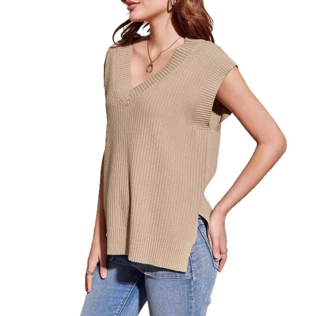 Camel and white loose v-neck sleeveless pullover vests in striped and plaid viscose fabric