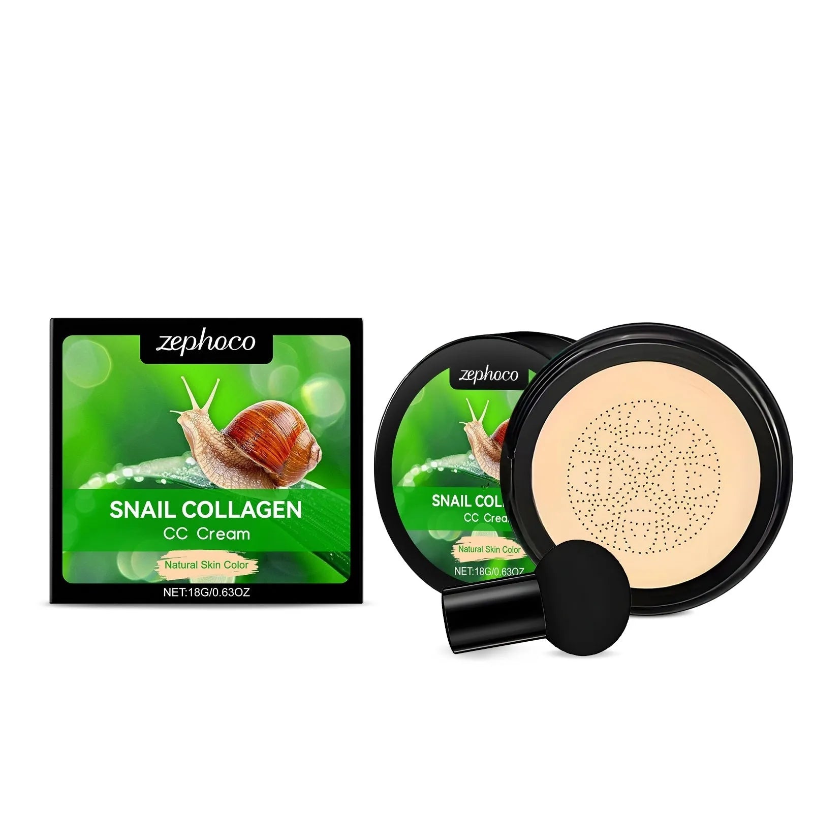 ZEPHOCO CC cream foundation tube with mushroom powder puff applicator in ivory white or natural colour options
