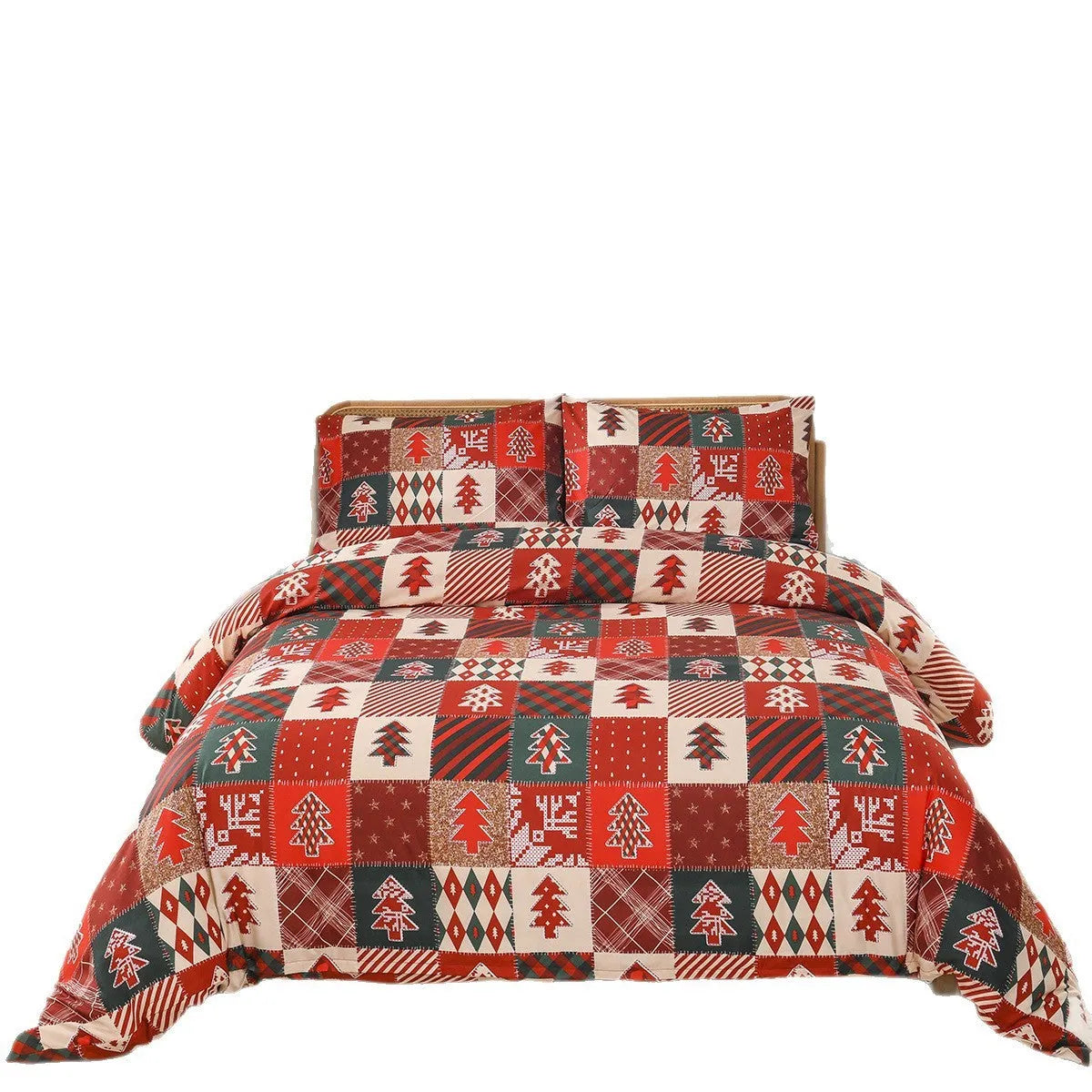 Red and black plaid patterned quilt cover and pillowcases on a bed, Christmas bedding set.