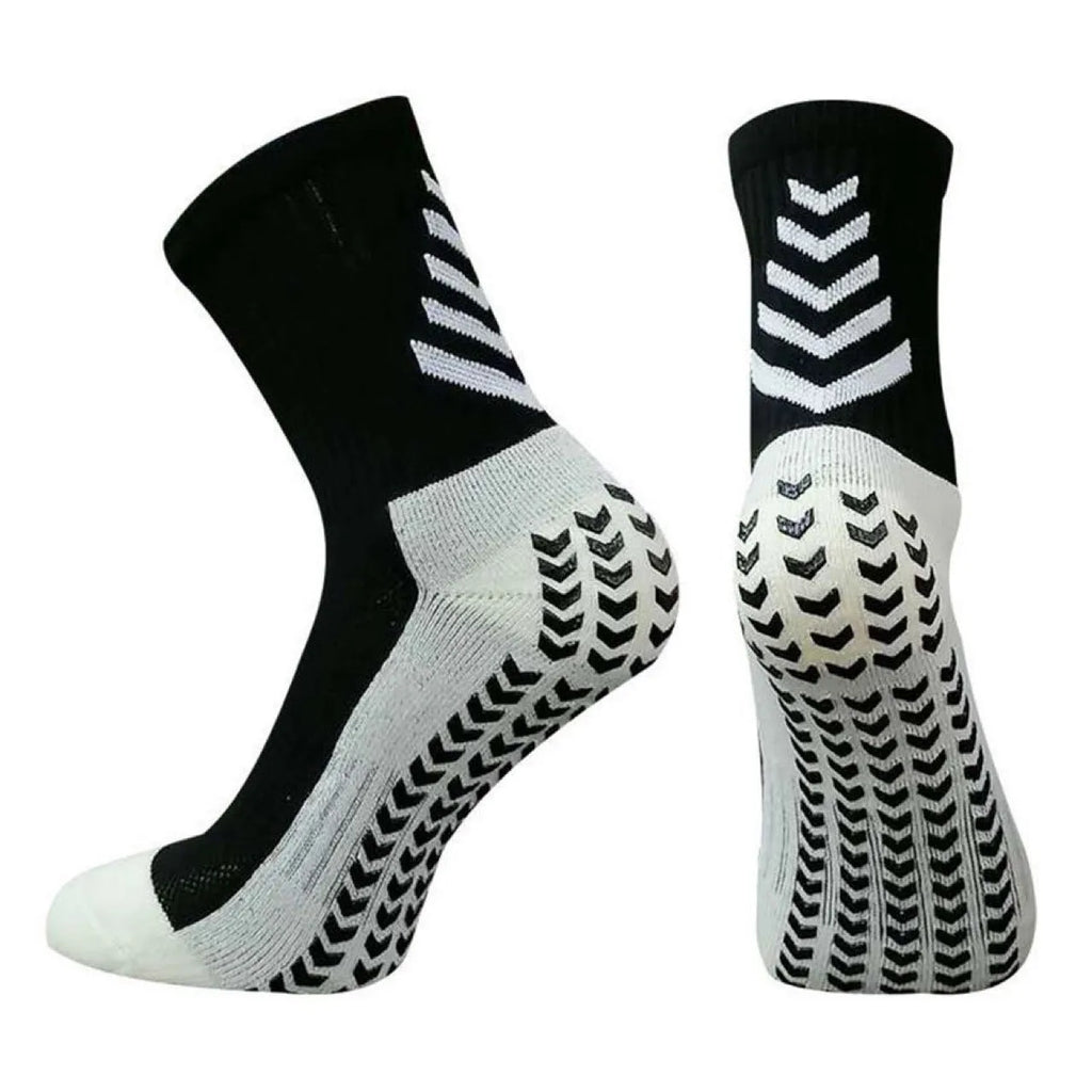 Men's mid-calf athletic socks with geometric patterns and non-slip silicone grips