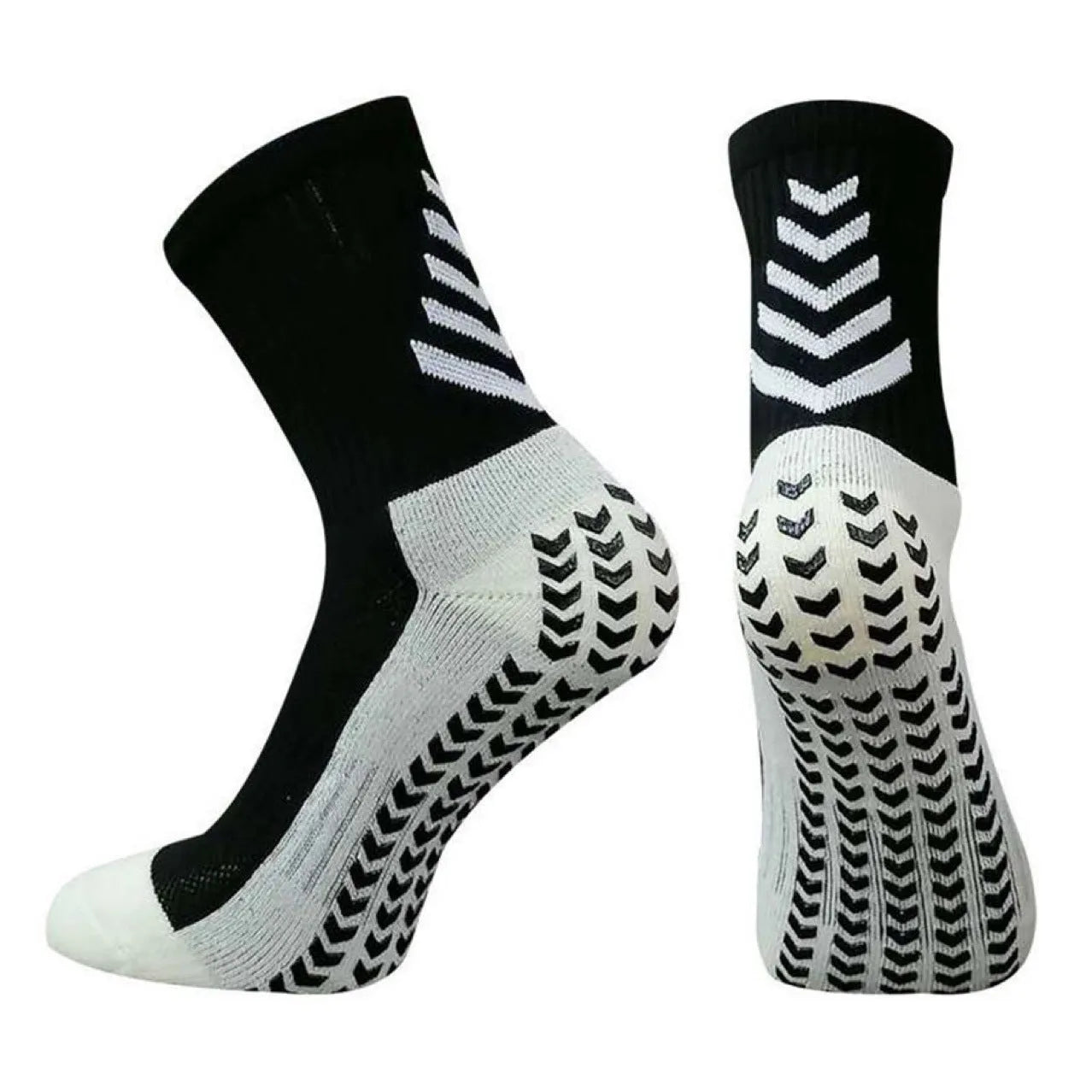 Men's mid-calf athletic socks with geometric patterns and non-slip silicone grips