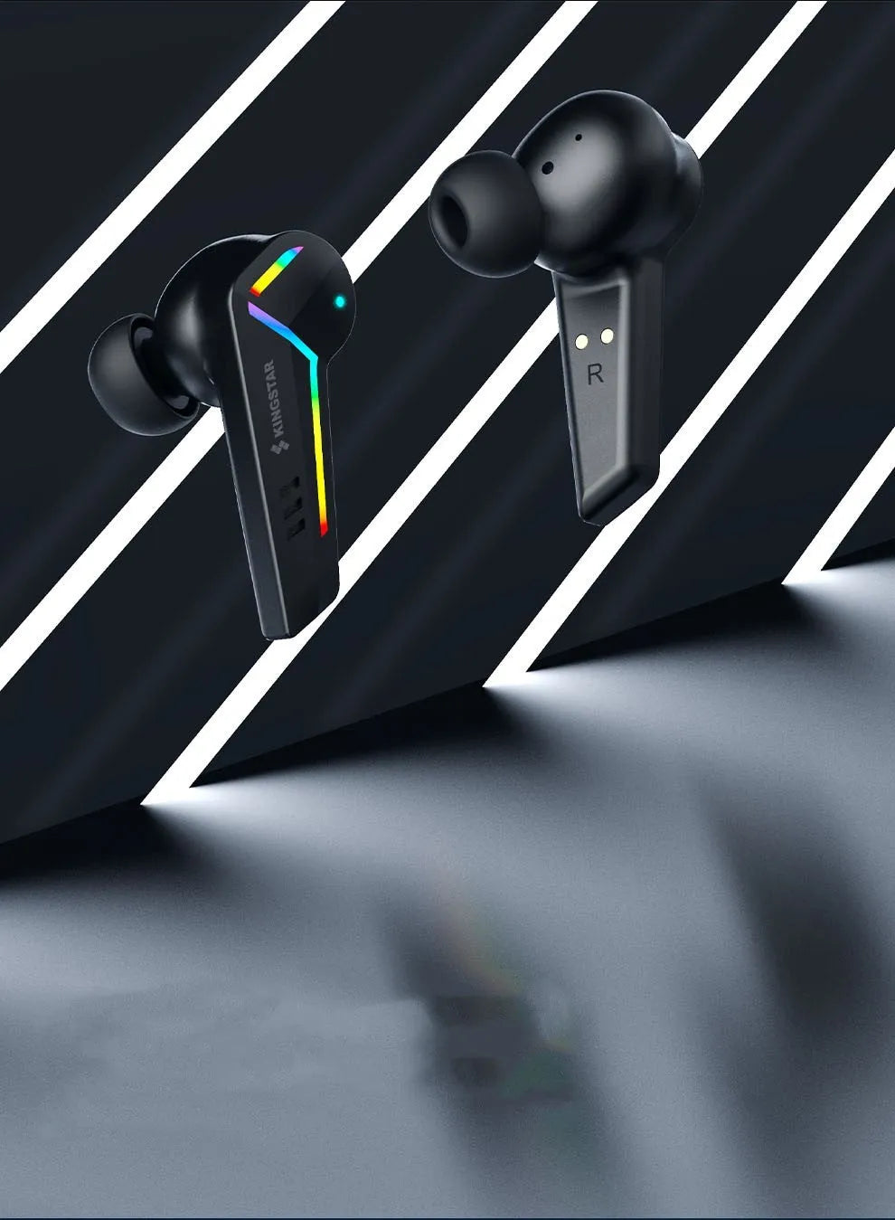 Black wireless TWS earbuds with earplug-style design for sports and gaming use