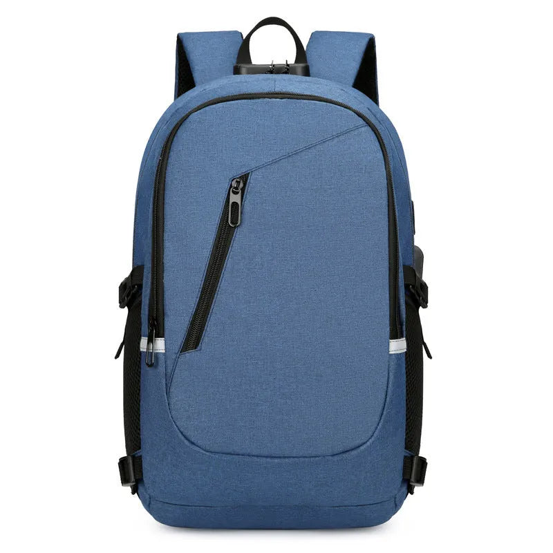 Grey Oxford cloth computer backpack with street trend style, shown with laptop compartment and front pocket.