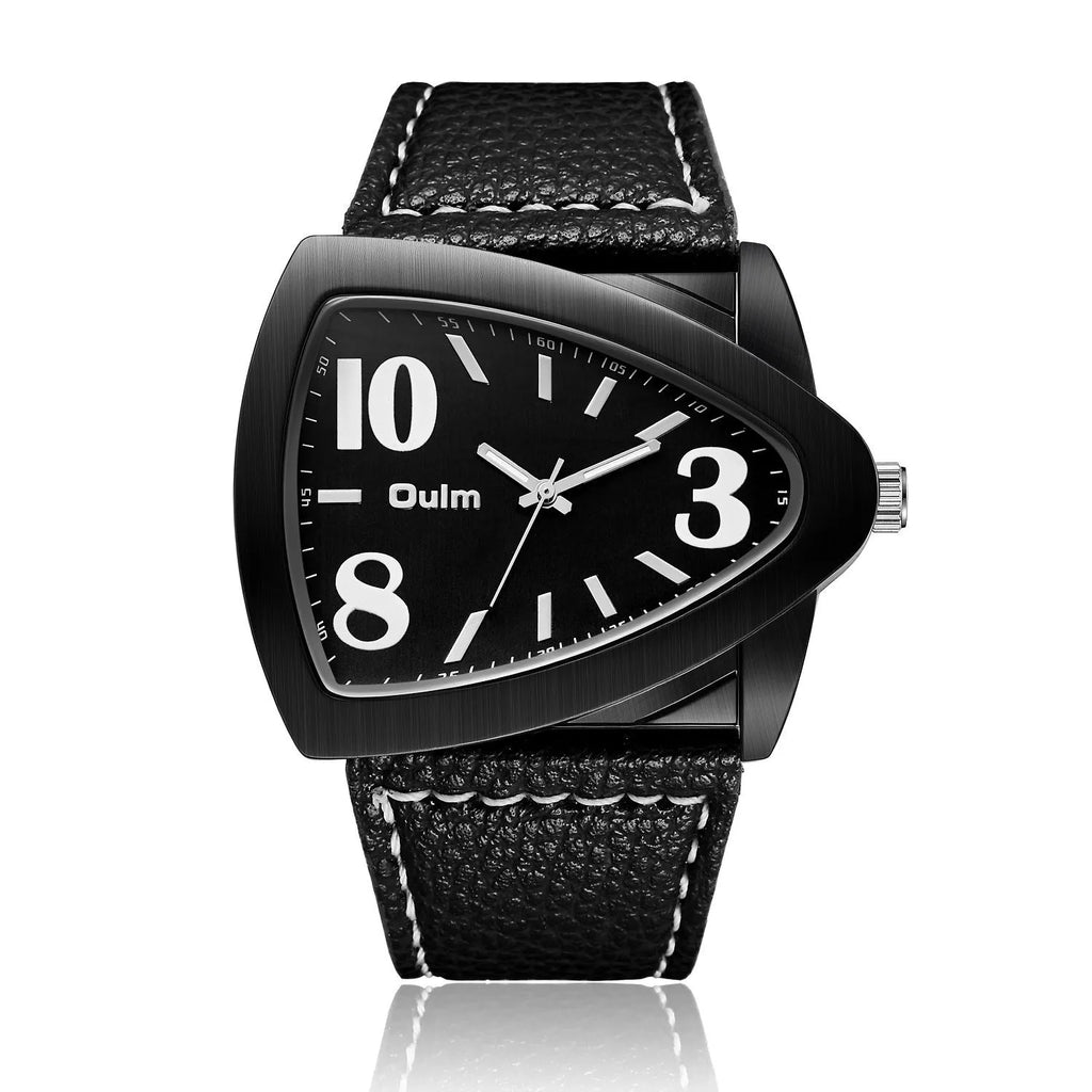 Men's casual triangle belt quartz watch with slim 9mm profile in brown, black, blue colour options