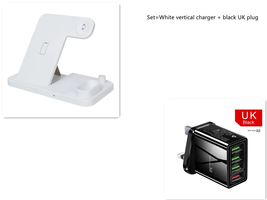 4-in-1 wireless charging station showing iPhone, Apple Watch, AirPods and Apple Pencil charging simultaneously on adjustable stand