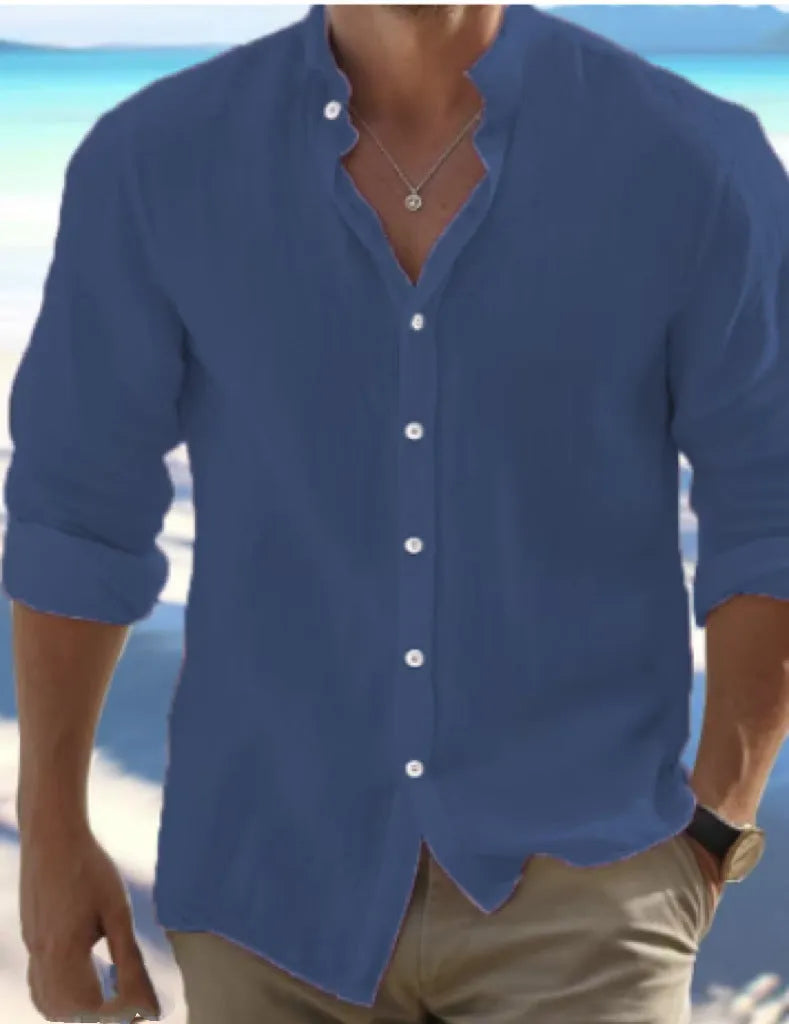 A man's light grey casual pullover shirt made from long-staple cotton fabric, shown on a hanger.