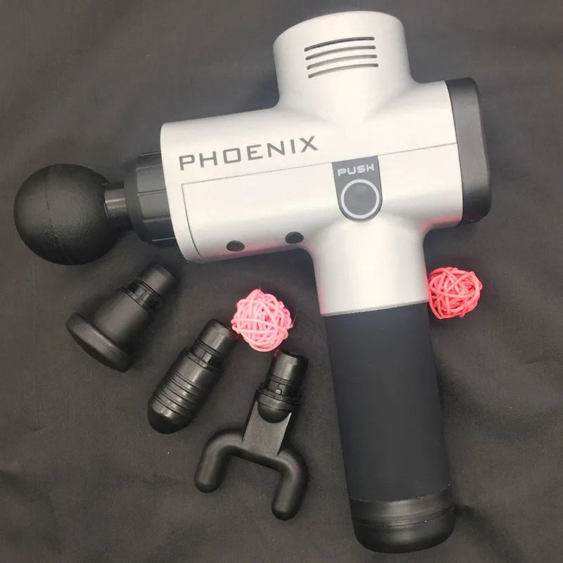 Black and silver deep tissue massage gun with four interchangeable heads on a grey background