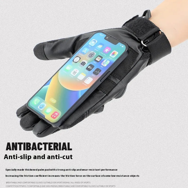 Men's black full-finger tactical gloves with touchscreen fingertips on a hand, showing sizes M L XL.