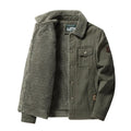 Men's fleece-lined thickened casual jacket with polo collar, cotton fabric, available in khaki, army green, dark blue