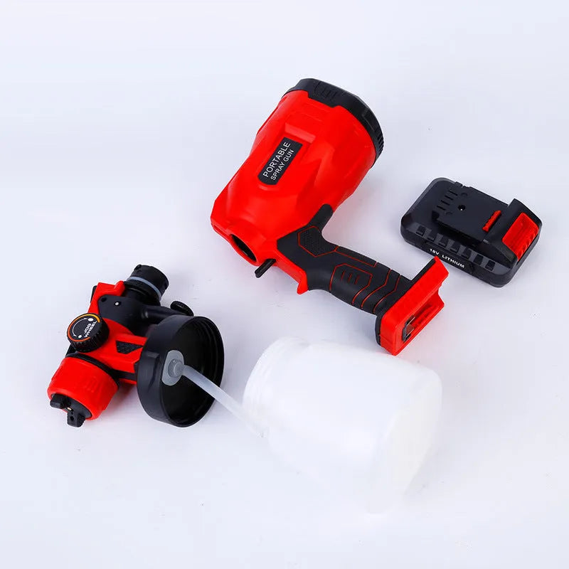 Blue cordless paint spray gun with detachable paint container and brushless motor.