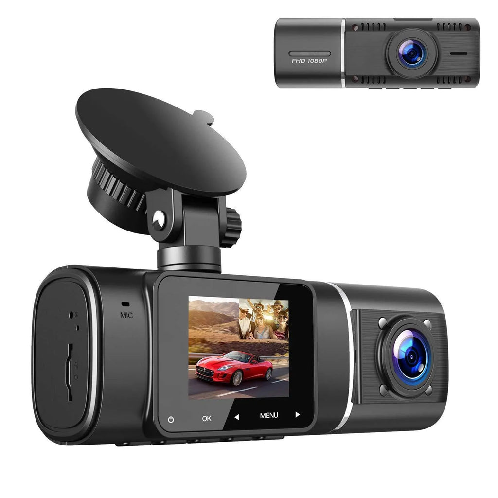 Black dual-channel dashcam car camera with front and rear recording for vehicle security