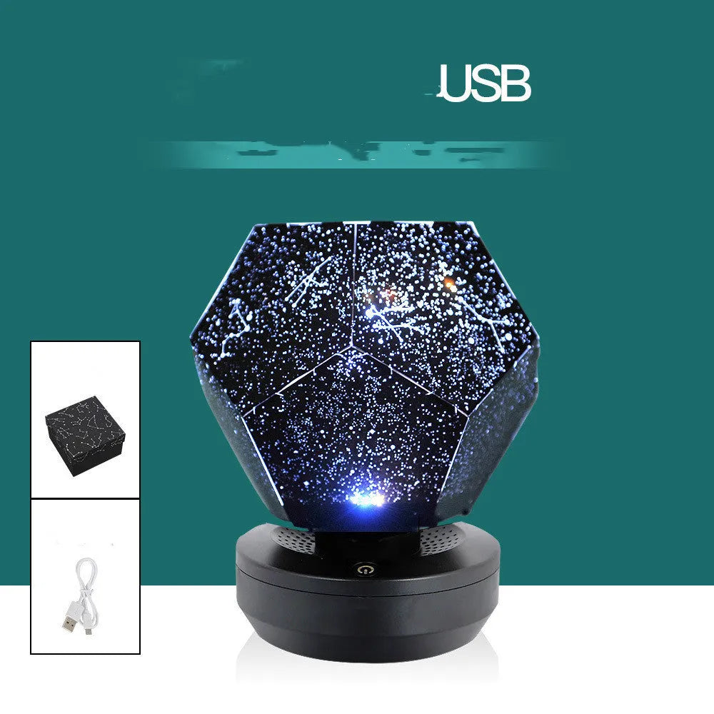 LED star projector showing constellation projection on bedroom ceiling with remote control