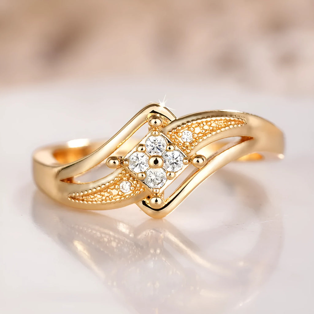 Women's copper diamond ring with micro inlaid zircon decoration in yellow gold colour showing geometric design
