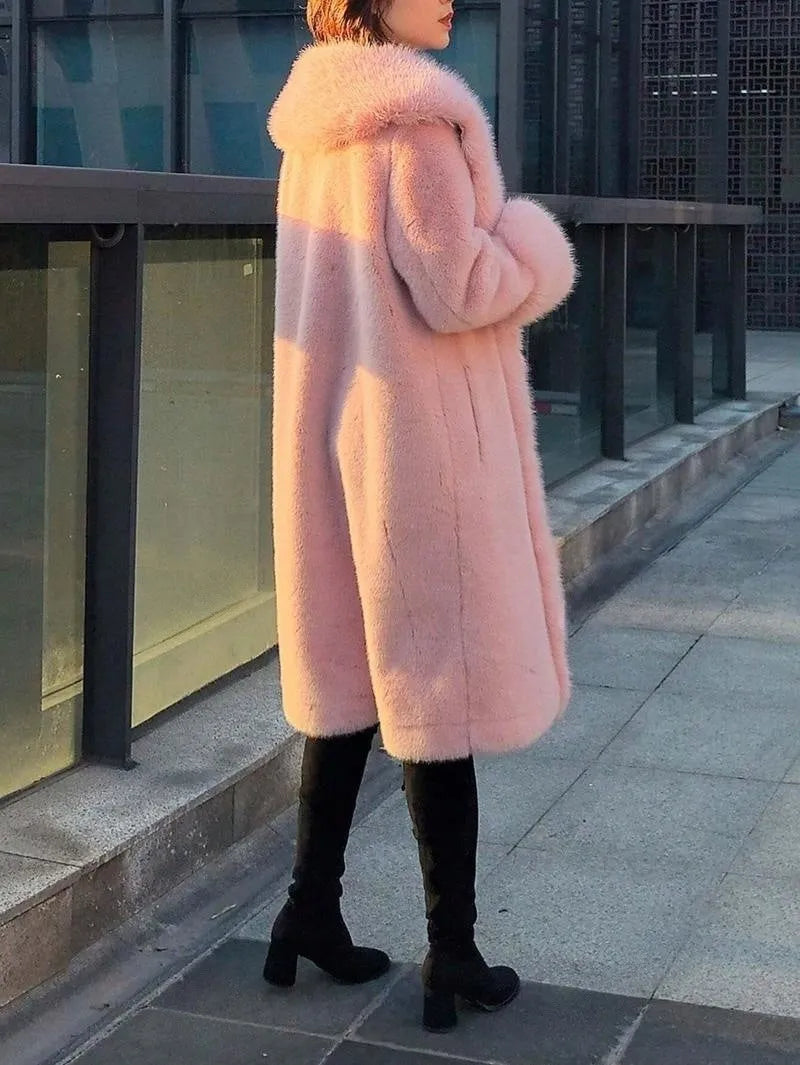 Women's thick grey faux rabbit fur coat with matching collar, mid-length cut