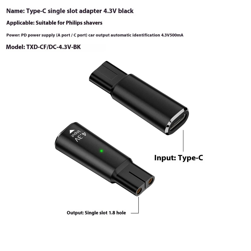 USB-C charging adapter for electric shavers with aluminium alloy housing in black or grey