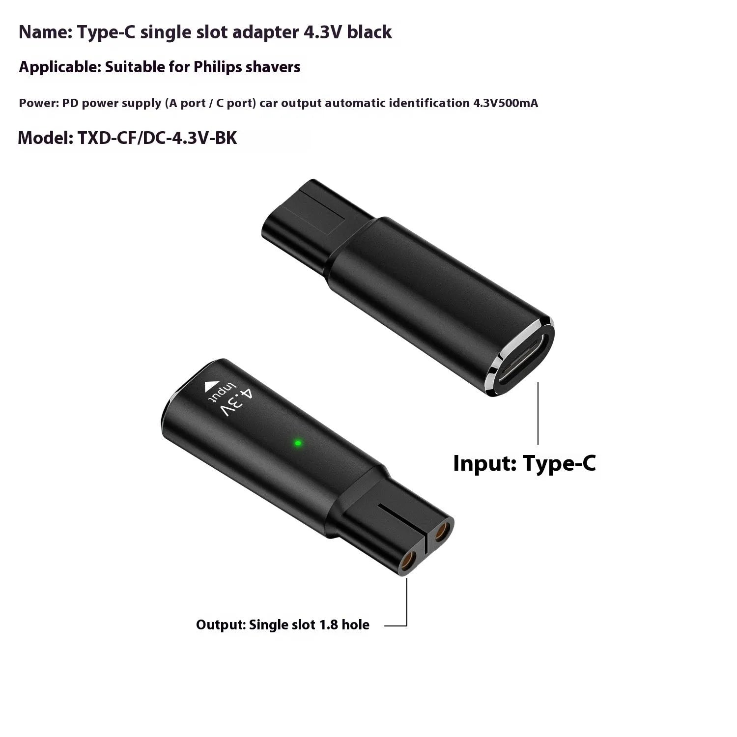 USB-C charging adapter for electric shavers with aluminium alloy housing in black or grey