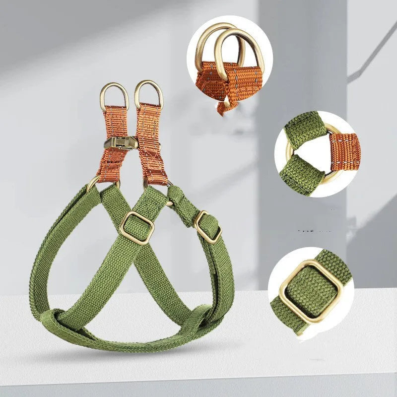 Brown vest-style dog leash with cotton belt and alloy fasteners