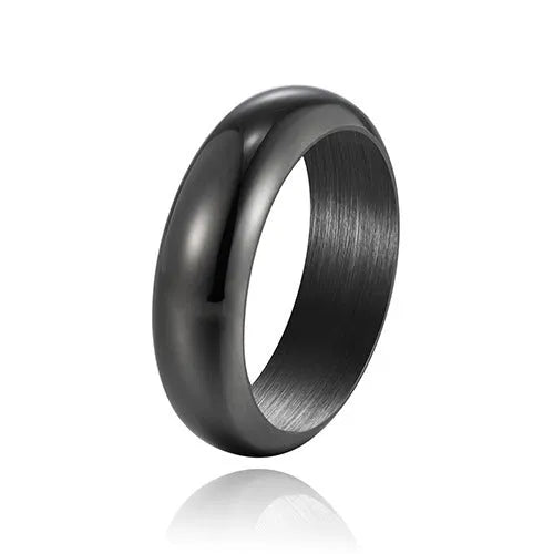Glossy electroplated titanium steel ring in gold, black, and steel colours showing band detail