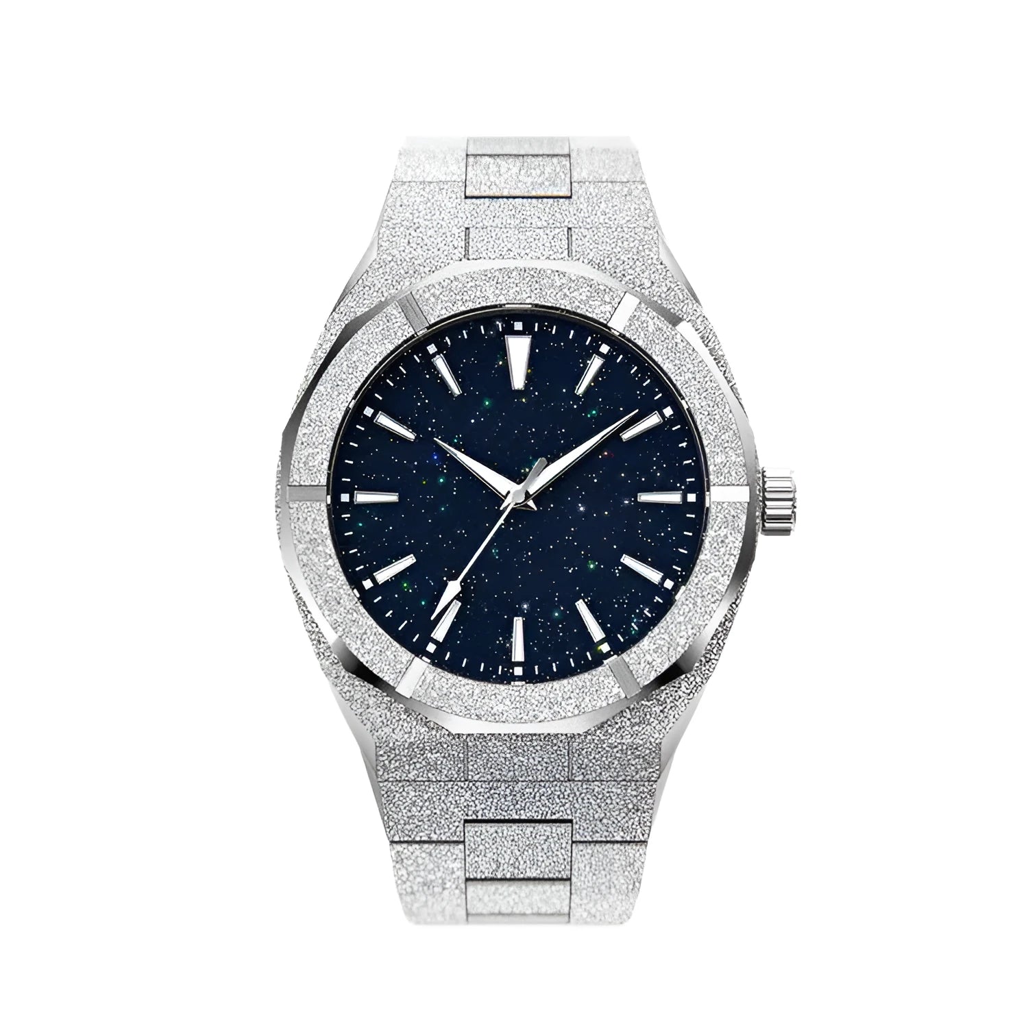 Men's stainless steel watch with a 42mm dial, butterfly buckle, shown in four colour options.