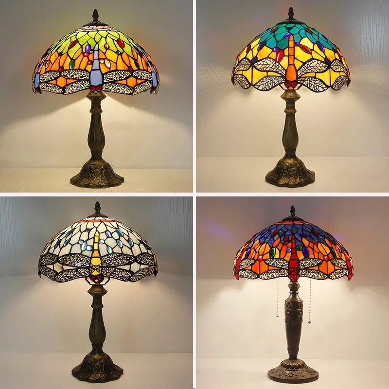 Stone table lamp with Tiffany-style dragonfly decoration in European design