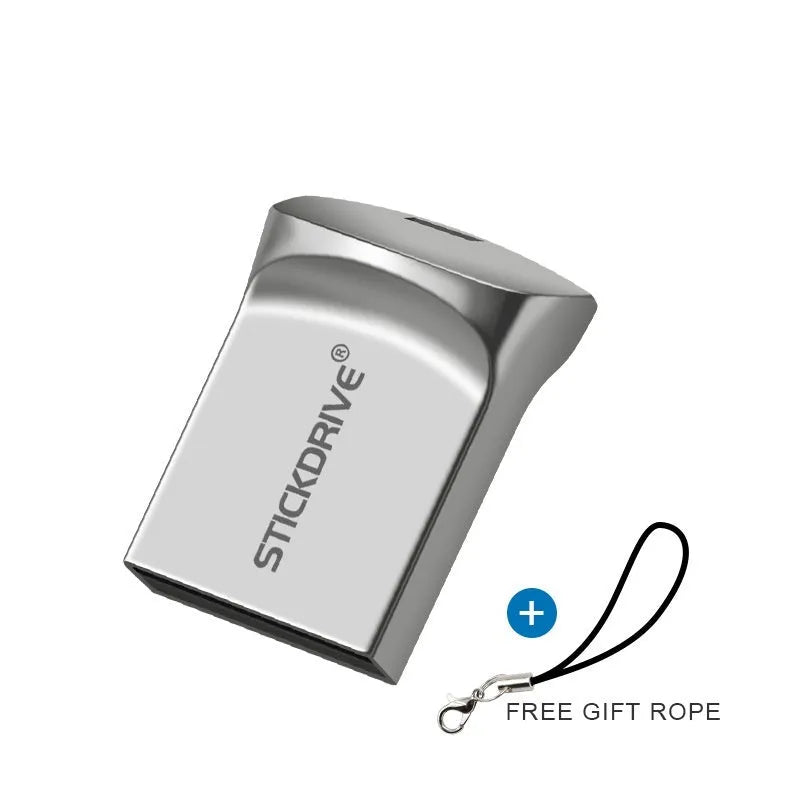 Metal USB flash drive on a silver chain necklace, showing black casing with options for lanyard or different chain attachments.