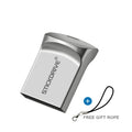 Metal USB flash drive on a silver chain necklace, showing black casing with options for lanyard or different chain attachments.