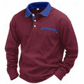 Men's waffle-textured polo shirt in wine red with asymmetric design and long sleeves.