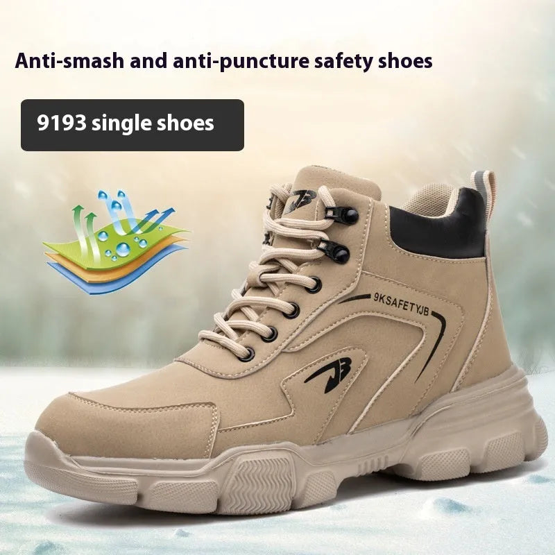 Men's lightweight labour protection shoes with leather upper and safety toe in brown colour