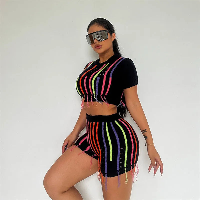 High waist sheath slim fit black polyester suit set for women with sleeveless top and shorts