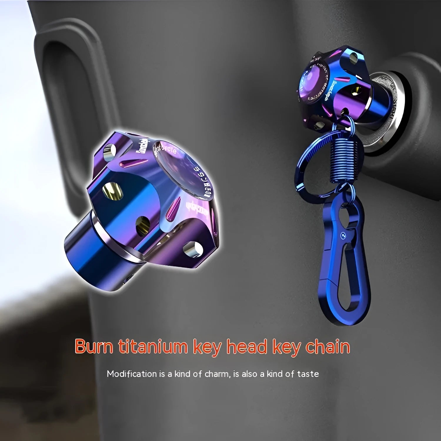 Motorcycle key head cover in T6 aluminium alloy showing hexagonal, five-pointed star and plum blossom design options