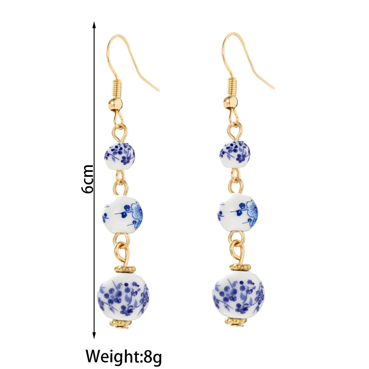 Chinese blue and white porcelain ceramic bead drop earrings with geometric round design