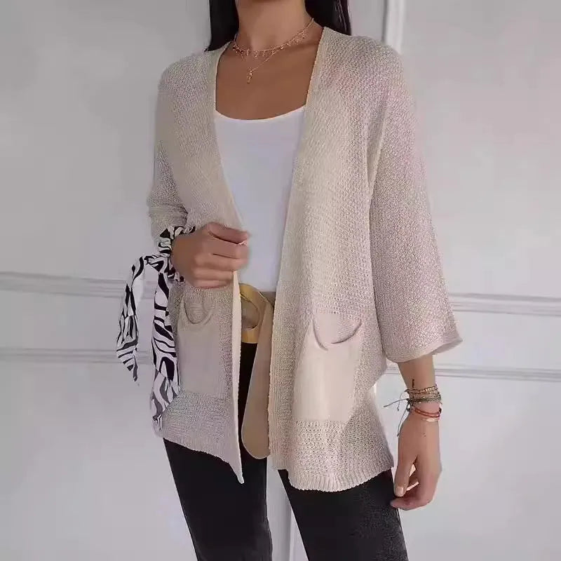 Women's waffle-textured polyester cardigan coat with nine-quarter sleeves in army green colour