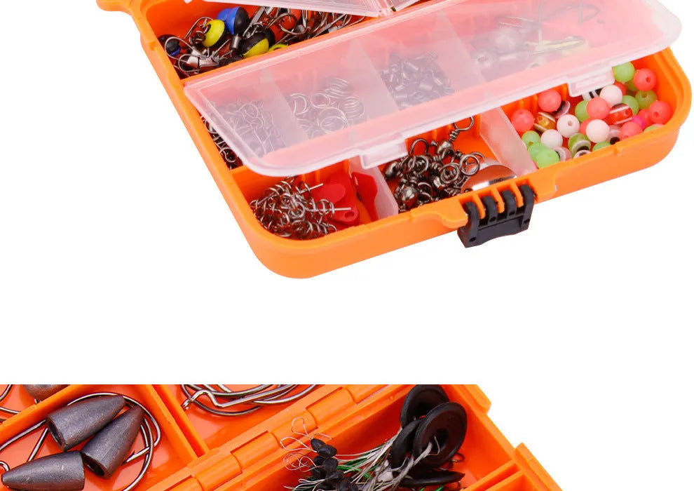 Weihe orange ABS fishing tackle box open to show assorted lures and hooks