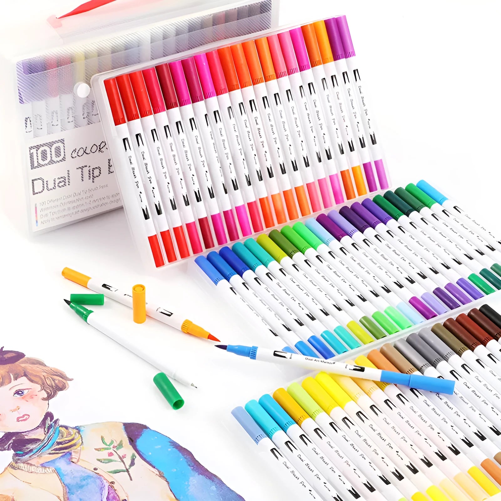 Set of watercolour brush pens with plastic barrels in a case, showing multiple colour options for art and promotion.