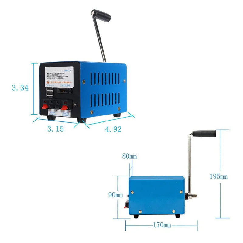 Blue metal hand crank USB emergency power generator showing handle and output ports