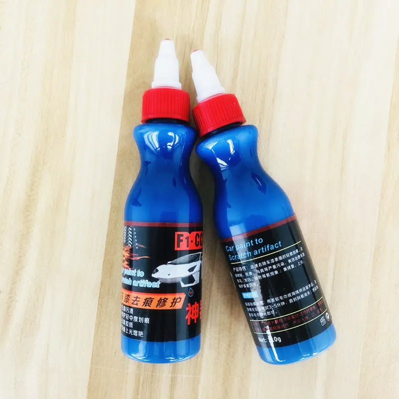Blue automotive scratch repair agent with applicator sponge for car paint damage restoration