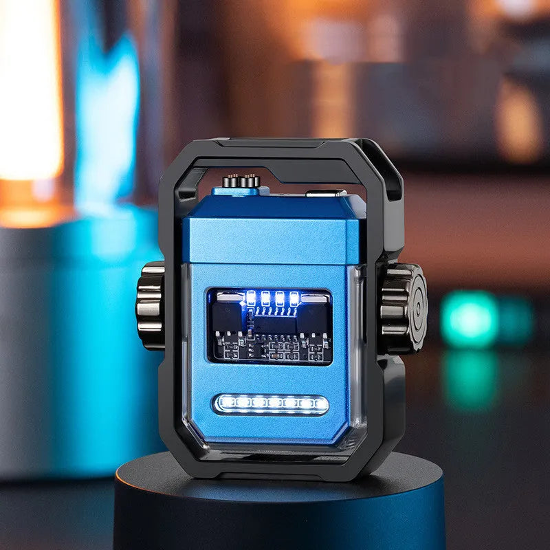 Blue Pulse Lighter showing windproof double arc, mechanical gyroscope, and Type-C charging port on a zinc alloy body.