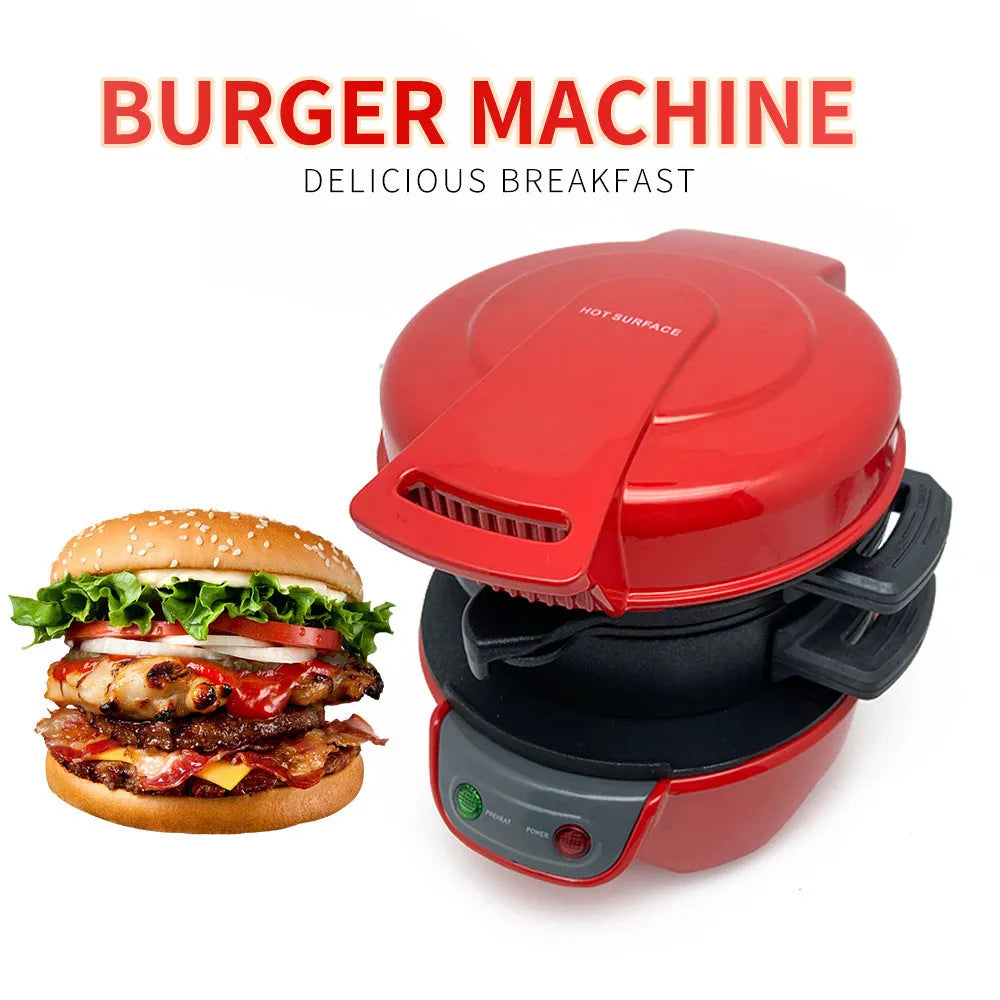 Bright red breakfast machine with sandwich maker, egg cooker ring and waffle maker functions