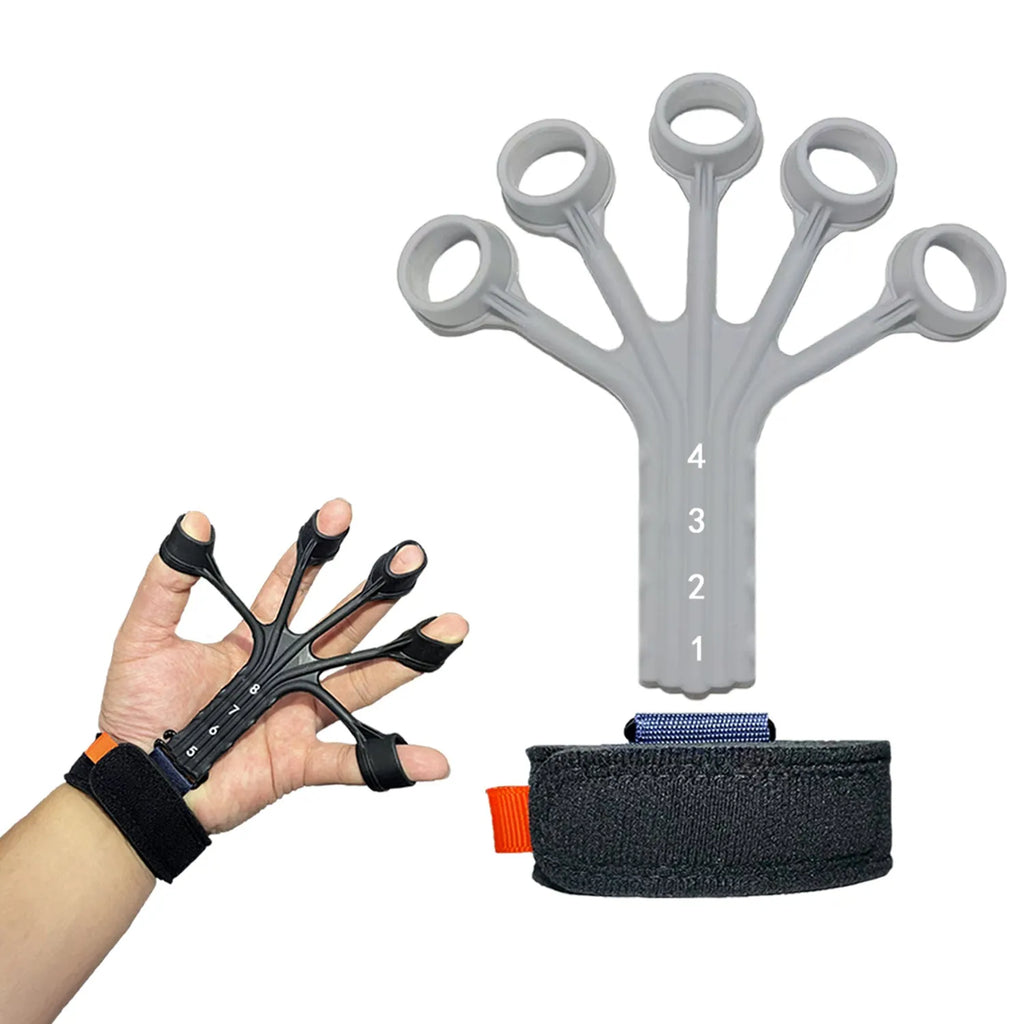 Black silicone finger rehabilitation trainer with adjustable tension belt for hand exercises